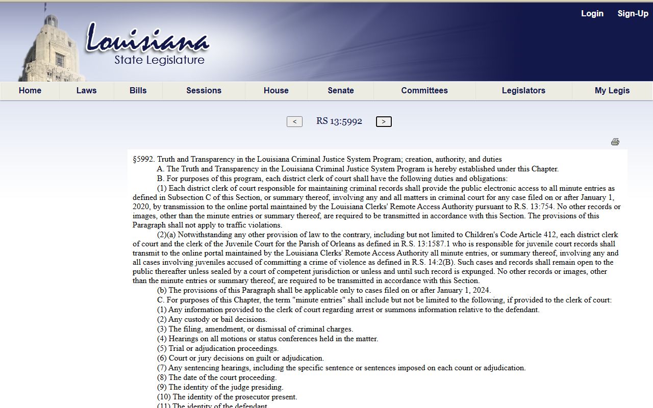 Louisiana statute page for juvenile violence-case minute access