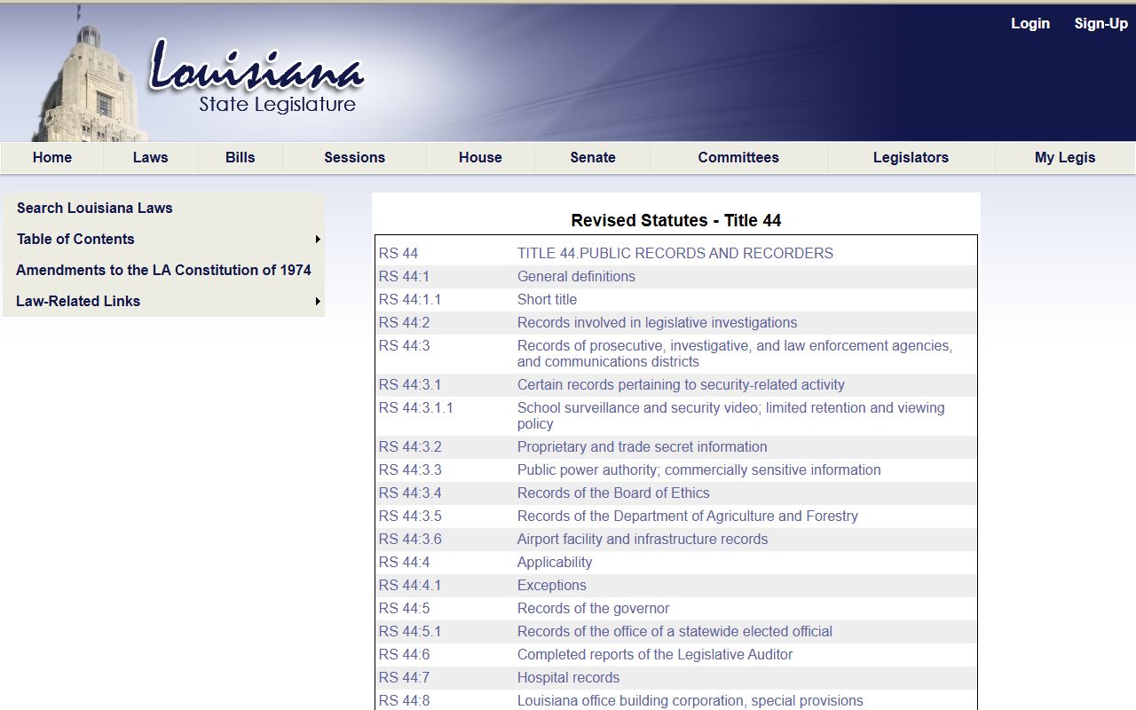 Louisiana Title 44 public records table of contents