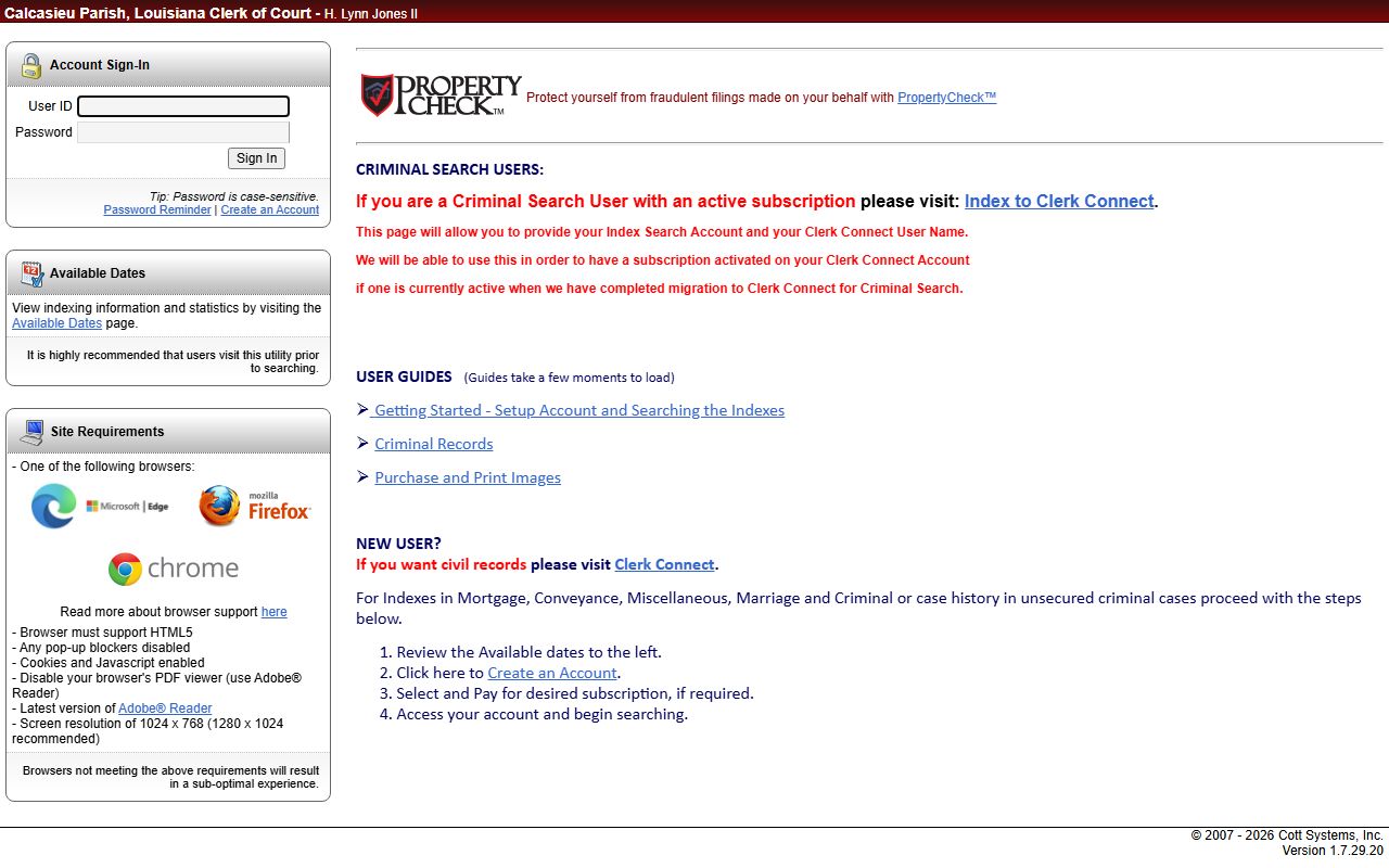 Calcasieu Parish legacy eSearch login page