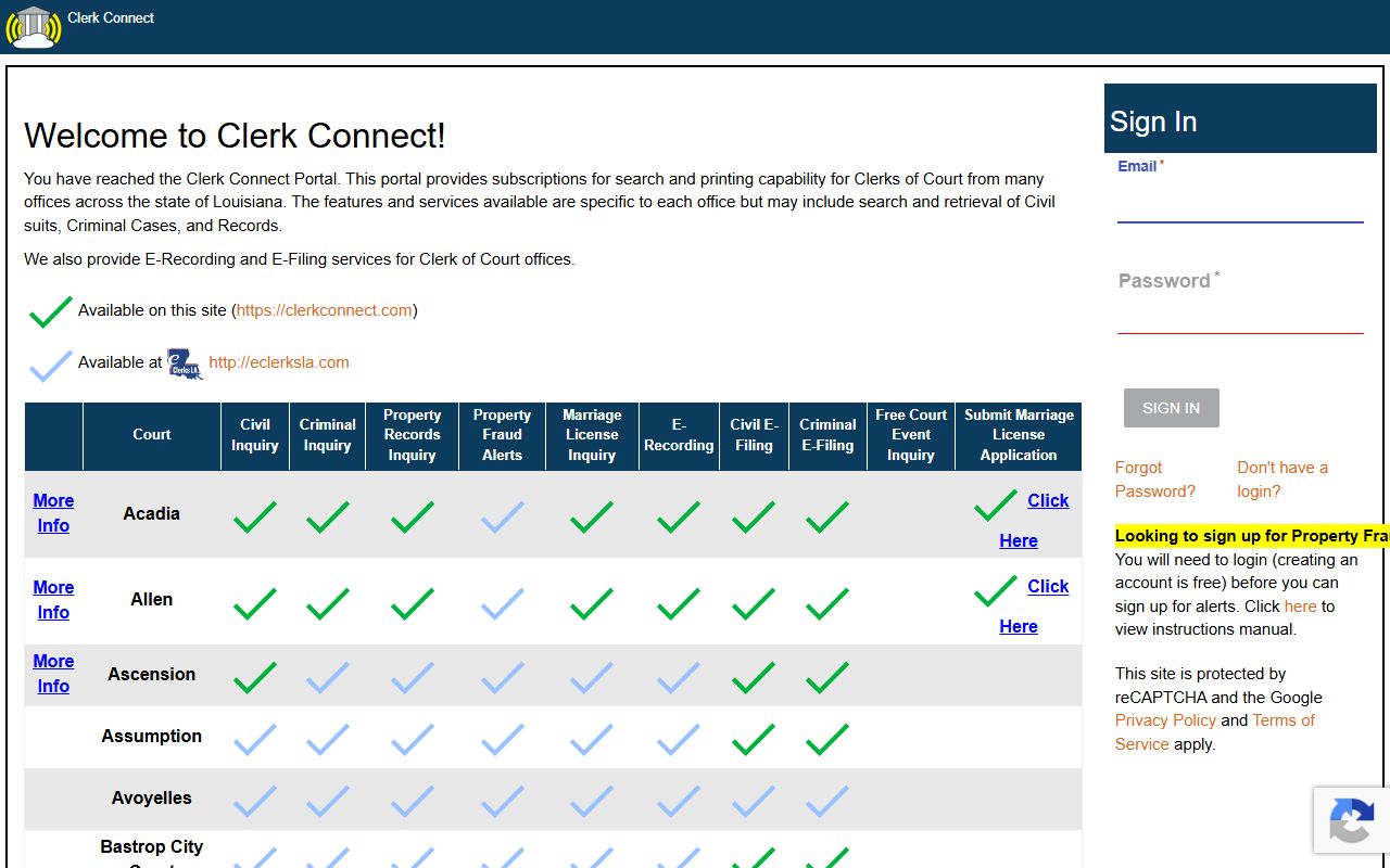 Clerk Connect portal for Louisiana parish records