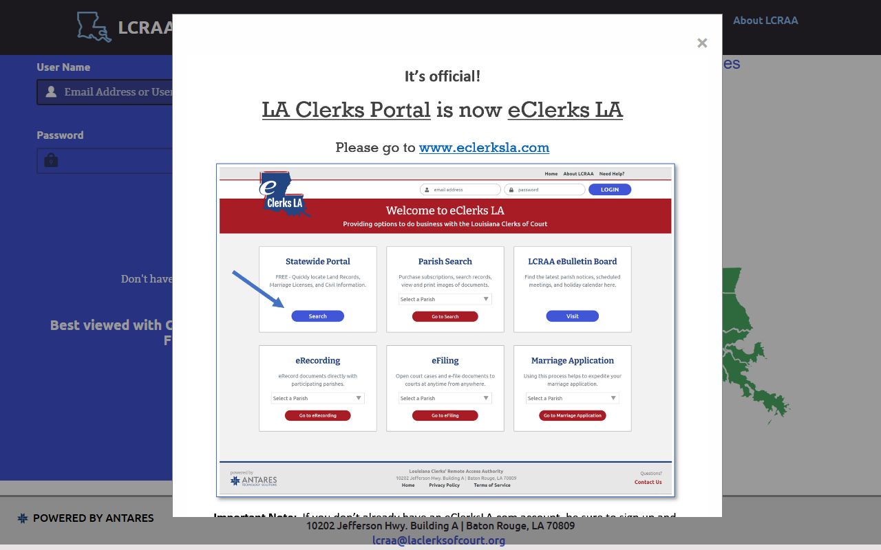 LCRAA statewide Louisiana clerk portal login page