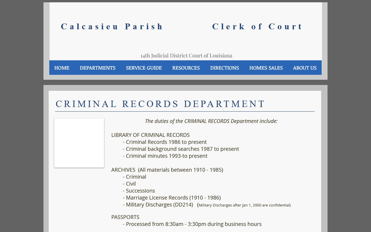 Calcasieu Parish Clerk Criminal Records Department webpage