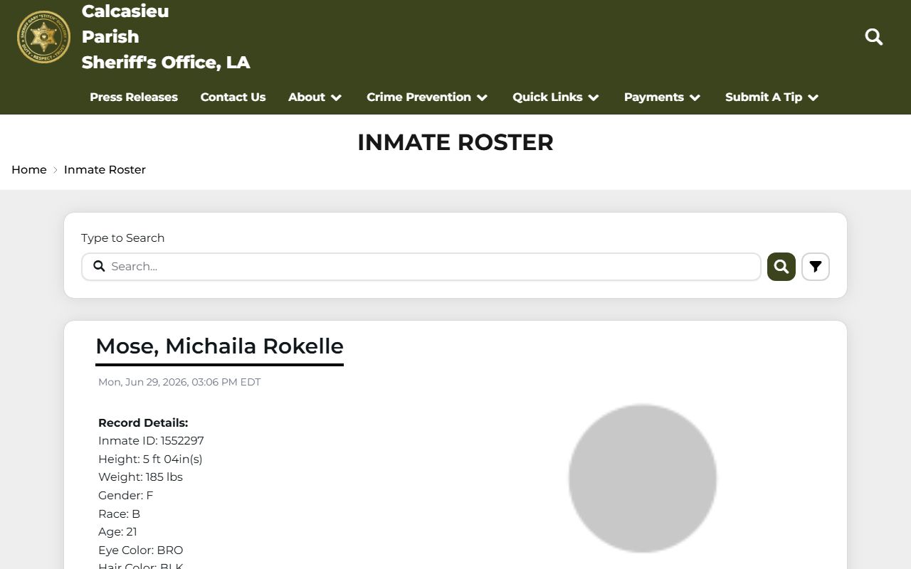 Calcasieu Parish Sheriff's Office inmate roster page