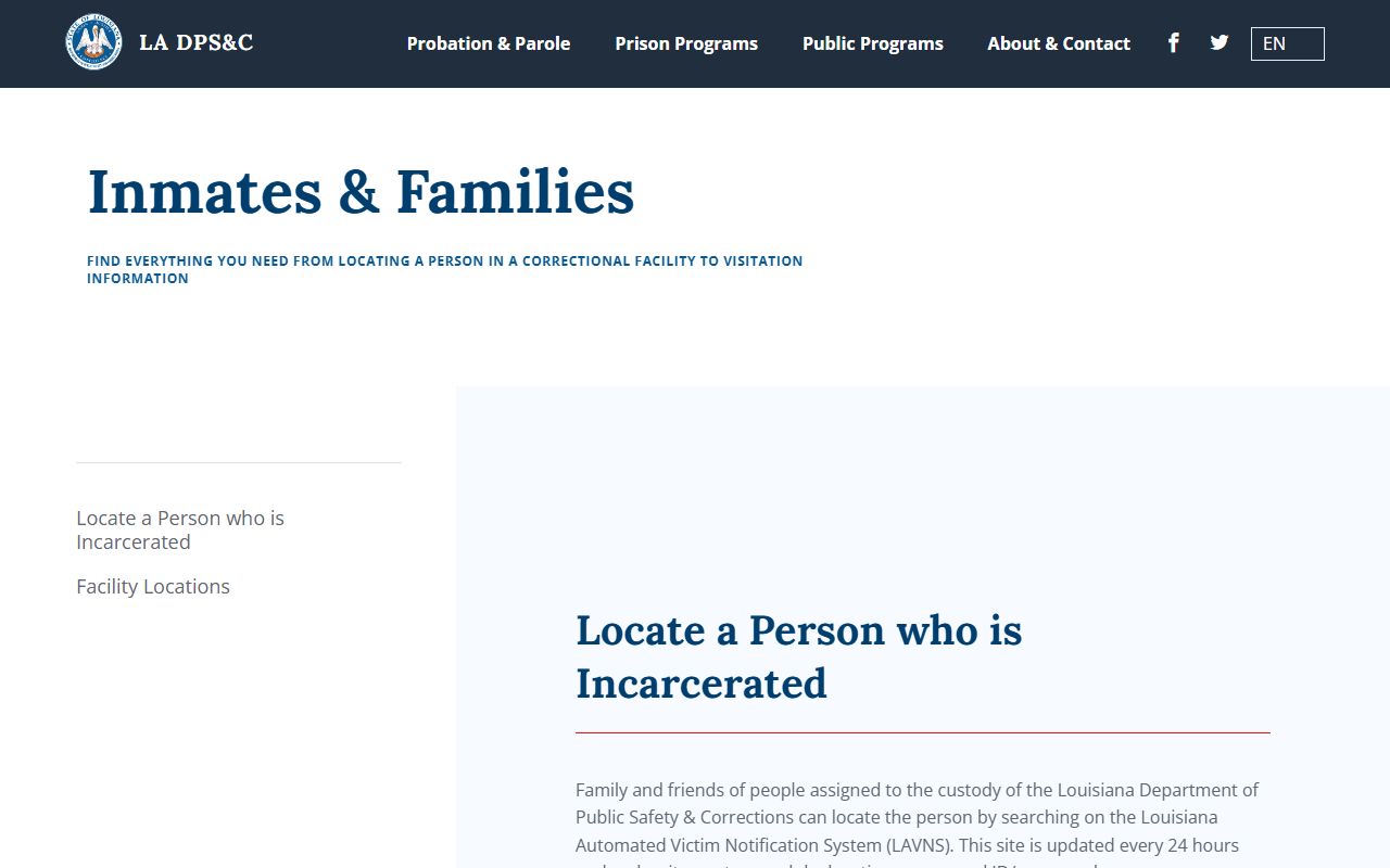 Louisiana DPS&C inmate information page for LAVNS locator