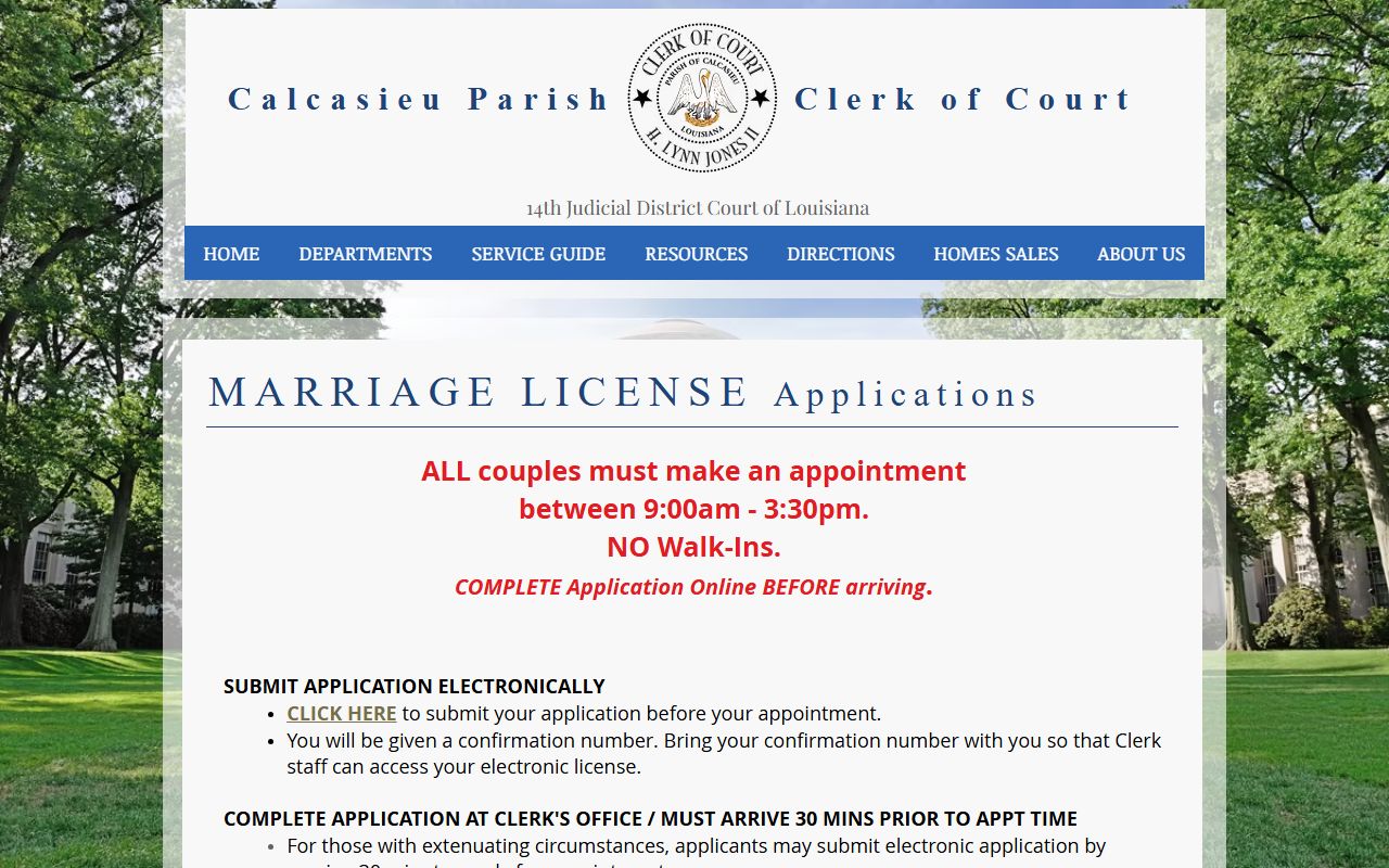 Calcasieu Parish marriage and divorce records Clerk application fee source