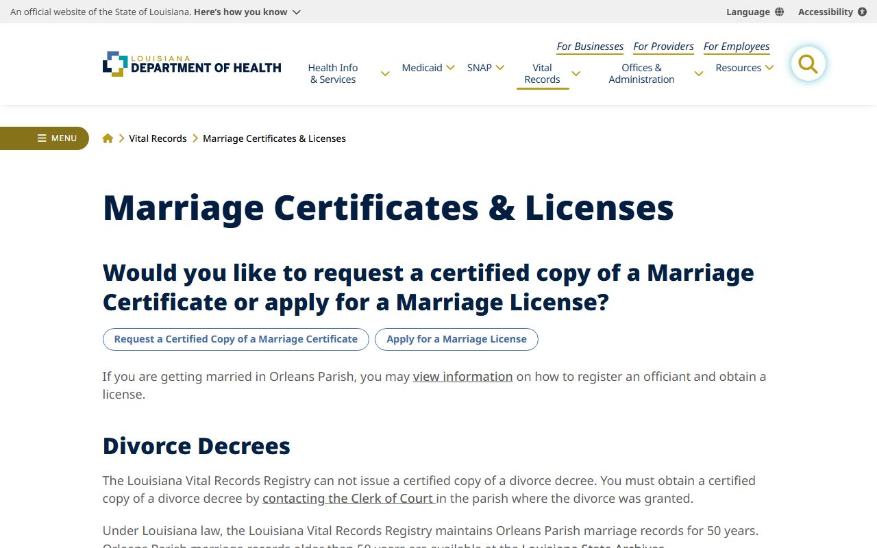 Calcasieu Parish divorce records Louisiana Department of Health guidance