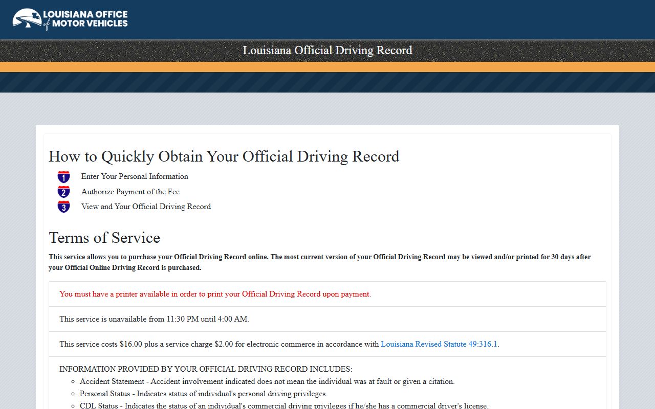 Louisiana OMV Official Driving Record purchase page